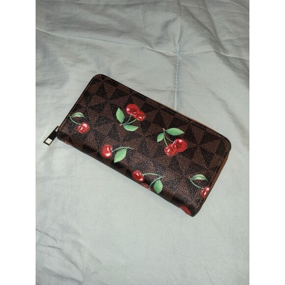 Cherry Print Brown Inspired Wristlet Wallet Nwot Fruit Fashion Purse - Picture 4 of 8